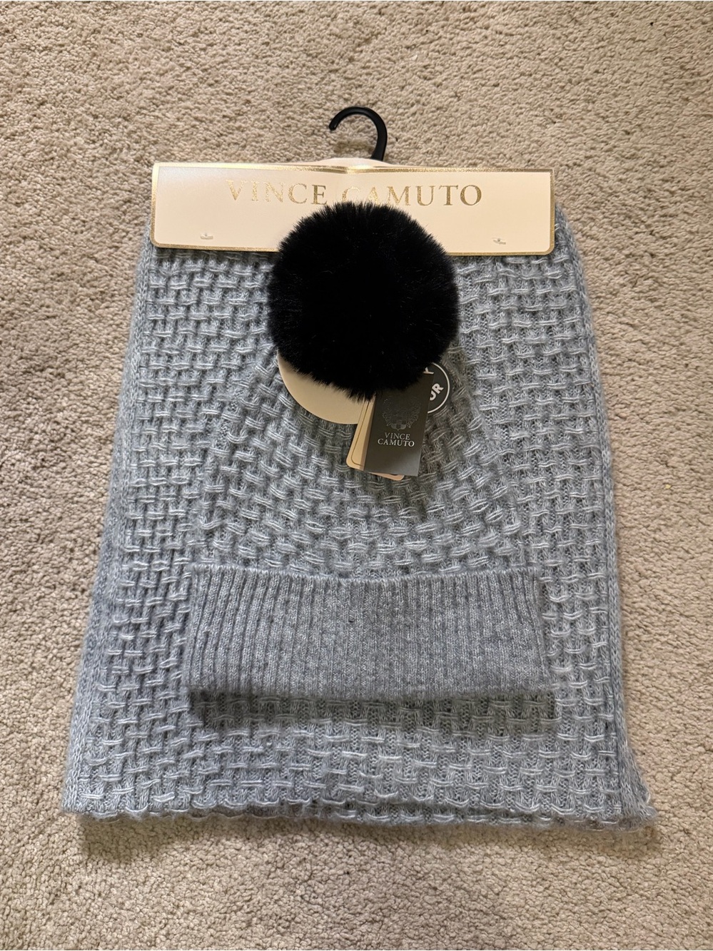 Vince Camuto Gray Knit Neck Warmer with Black Faux Fur Pom